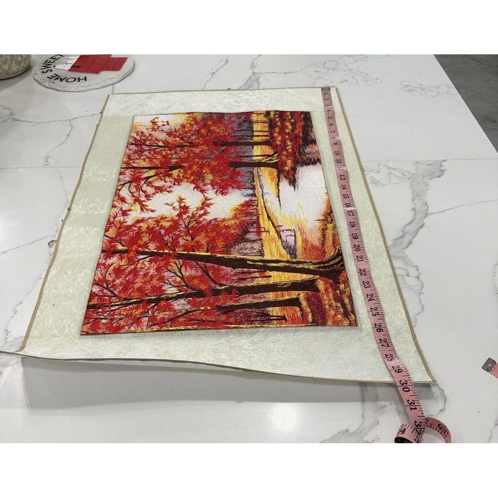 Autumn Red Trees River Landscape Embroidered Tapestry‎ Fabric Wall Art Panel